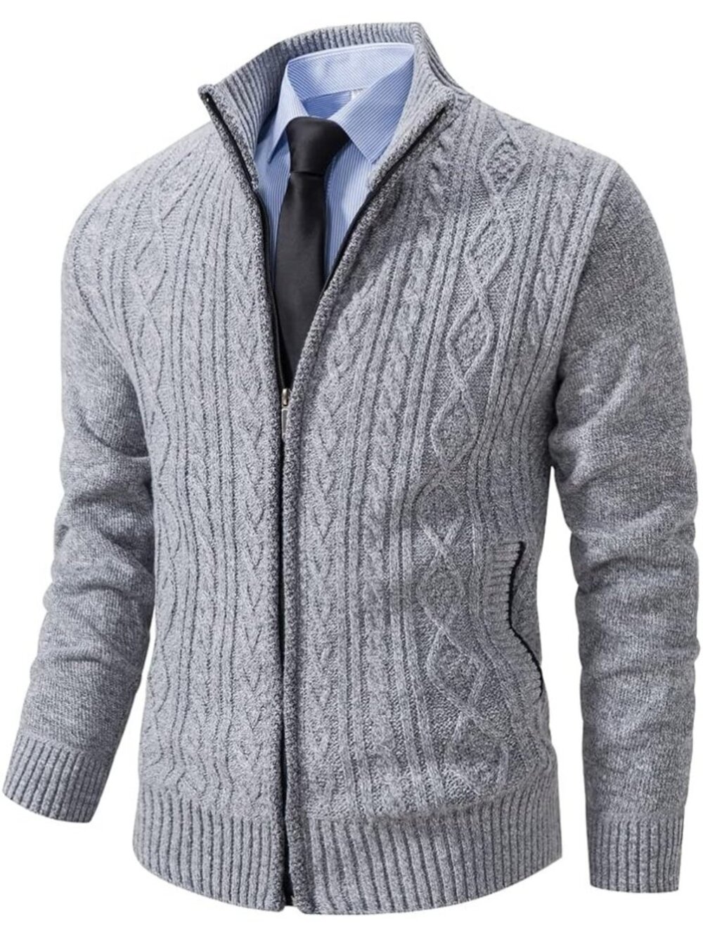 🆕Men's Grey 1 Cardigan Sweaters Full Zip Knitted Zipper Stand Collar Business